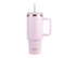 A drink bottle in soft pink with a silver band and a handle, featuring a reusable straw and a branding logo.
