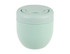 A drink bottle in soft mint green with a lid and a sleek, rounded design. It features a branding logo.
