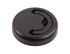 A round black lid with a groove design for easy handling, featuring a logo on the surface.
