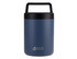 A vacuum food flask in a dark blue colour with a black lid and a handle. It features a logo on the front.