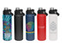 A drink bottle collection featuring five styles: colourful patterned, black, blue, red, and white, each with a screw cap and logo.