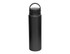 A drink bottle in matte black with a vacuum seal lid and a convenient carry handle. Features a logo.