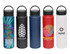 A collection of five vacuum carry lid bottles in various colours: blue, black, red, white, and a patterned design. Each has a logo.