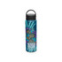 A drink bottle featuring a vibrant blue design with abstract patterns and a black lid. It includes a logo at the bottom.