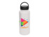A drink bottle in white with a black carry lid, featuring a colourful logo design.