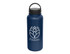 A drink bottle in navy blue with a black lid and a logo featuring a floral design.