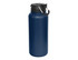 A drink bottle in navy blue with a black lid and carry handle, featuring a logo.