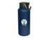 A drink bottle in navy blue with a black lid and a branded logo on the side.