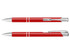 A red metal pen featuring silver accents and a clip, presented in two views. It has a logo on the barrel.