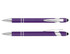 A stylus pen in purple with a chrome accent and a sleek design, featuring a logo.
