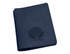 A navy wallet with a textured finish and a logo imprinted on the front.