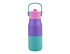 A drink bottle featuring a purple body, pink lid, and aqua base, with a handle and a logo.