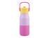 A drink bottle in purple, pink, and yellow, featuring a handle and a logo on the front.