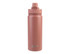 A drink bottle in a muted pink colour with a vacuum sealed design and quick release cap, featuring a logo.