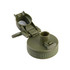 A drink bottle cap in olive green with a quick-release mechanism and a slight textured grip. It features a logo.
