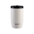 A drink bottle in white with a black lid and a logo, designed for insulated travel use.