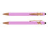 A pink stylus pen with rose gold accents and a black tip, featuring a sleek design and a logo.