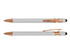 A rose gold stylus pen with a sleek white body, featuring a branding logo on the side.