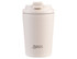 A ceramic-lined insulated coffee cup in soft cream colour, featuring a logo on the side and a secure lid.