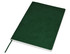 A green A5 notebook with a smooth cover and a ribbon bookmark, featuring a simple design and no visible branding.