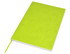 A bright green A5 notebook with a plain cover and a matching ribbon bookmark. It features a branding logo.