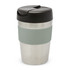 A drink bottle with a stainless steel body, grey silicone band, and a black lid. It features a logo on the side.