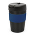 A drink bottle with a black body and a blue silicone band, featuring a black lid and a sleek design.