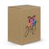 A gift box with a decorative design featuring colourful elements and a black ribbon on a brown cardboard background.