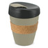 A drink bottle featuring a grey body and black lid, complemented by a cork band for grip, with a logo.