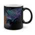 A black coffee mug featuring a colourful abstract design and a logo on the side.