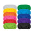A collection of eye masks in various colours, including green, purple, blue, orange, pink, yellow, and black, with a logo.