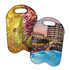 A neoprene double wine cooler bag featuring full-colour designs, including grapes and a hotel by a pool.