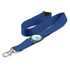 A blue lanyard with a clip and a circular branding logo in the centre.
