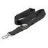 A black lanyard featuring a circular logo and a clip for attaching items.