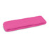 A pink terry cloth headband, folded neatly, featuring a textured surface and a branding logo.