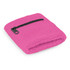 A pink wrist sweat band with a zippered pocket, made from textured material. It features a small logo.