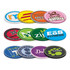 A collection of colorful PVC coasters featuring various business logos and designs.