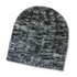 A black and grey knit beanie with a textured pattern and a small logo.
