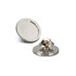 A round small lapel pin with a shiny silver finish and a secure clasp mechanism at the back.