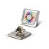 A square lapel pin features a multicoloured design in the centre and a silver metal backing.