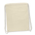 A beige cotton drawstring backpack with matching drawstrings and a logo.