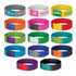 A set of multicoloured wristbands, featuring various designs and a logo on some, arranged in a grid layout.