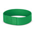 A green wristband with a smooth finish, featuring a simple design and a logo on the side.