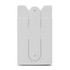 A white phone wallet with a clip at the back and two slots for cards. It features a logo on the surface.