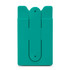 A teal phone wallet with a simple design and a slot for cards, featuring a logo on the front.