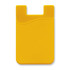 A bright yellow silicone phone wallet with a curved design and a logo on the surface.