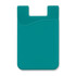 A teal silicone phone wallet with a smooth surface and a small cut-out at the top, featuring a logo.