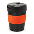 A drink bottle featuring a black body and an orange silicone sleeve, complete with a black lid and a branding logo.