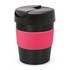 A drink bottle featuring a black body with a pink silicone grip and a black lid, complete with a logo.