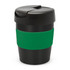 A drink bottle in black with a green silicone grip and a black lid, featuring a branded logo.